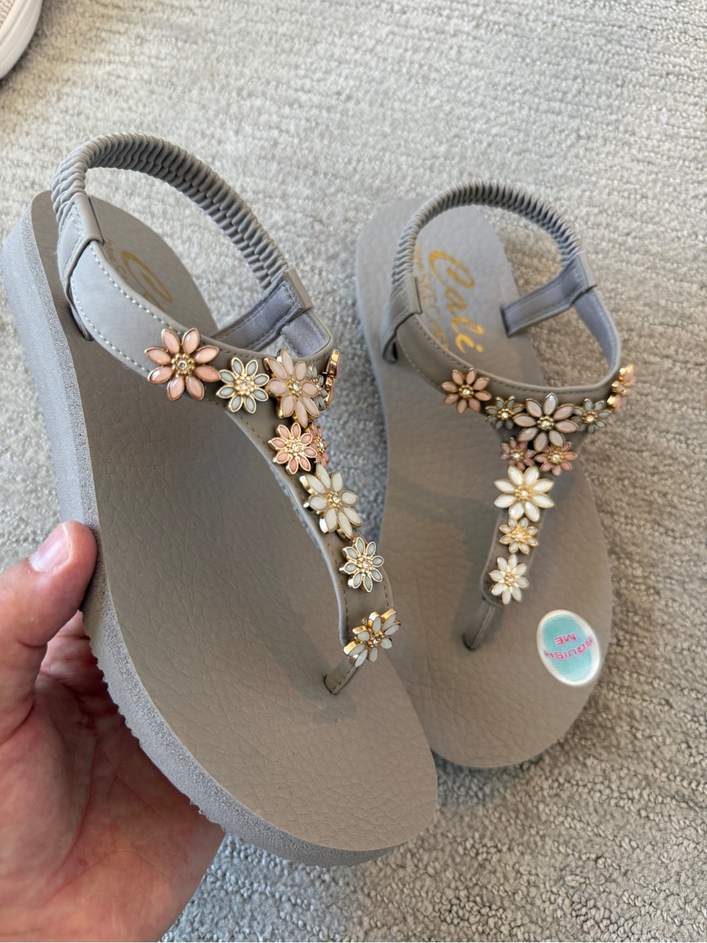 Skechers Taupe Sandals with Pink & White Floral Jewels - Picture 4 of 4
